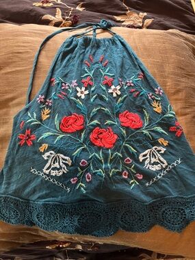Kimchi Blue Teal Halter Tank with Multicolor Floral Embroidery